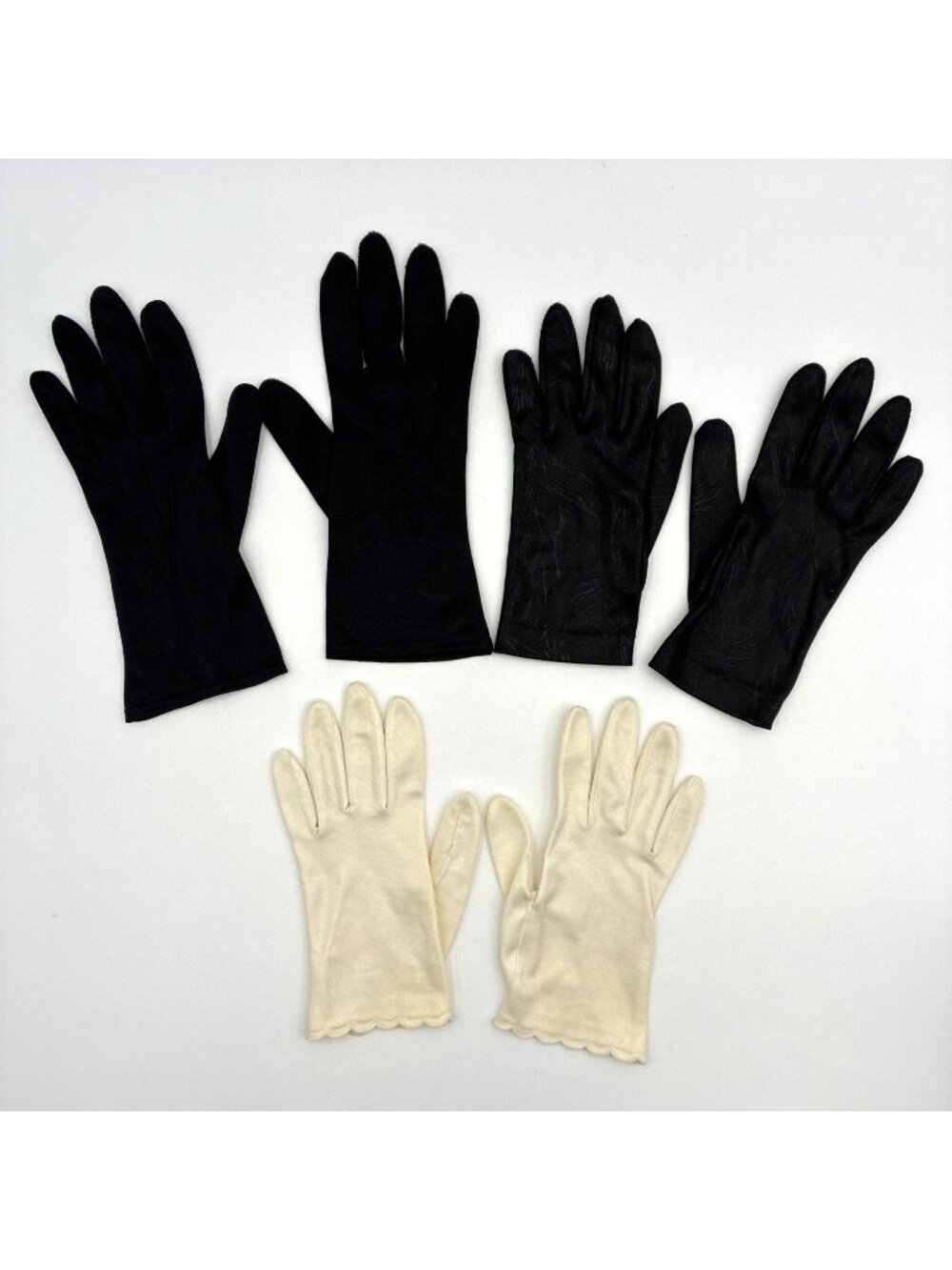 Lot 3 Mid Century Vintage Womens Gloves Set Black & White Mixed Materials Size 6